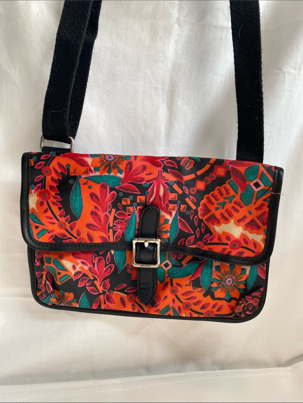Fossil Floral Crossbody Bag in Orange, Teal & Black